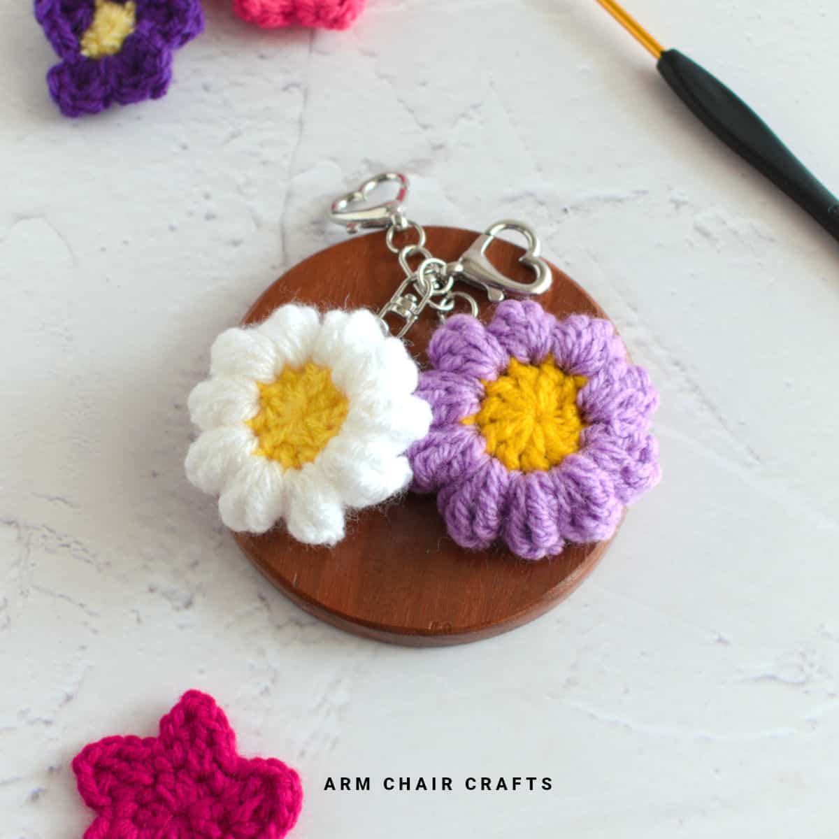 Crochet daisy keychains.