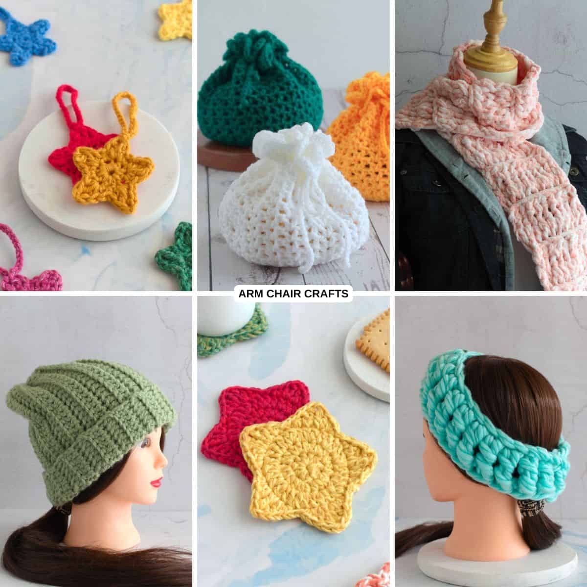 Collage of crochet projects.