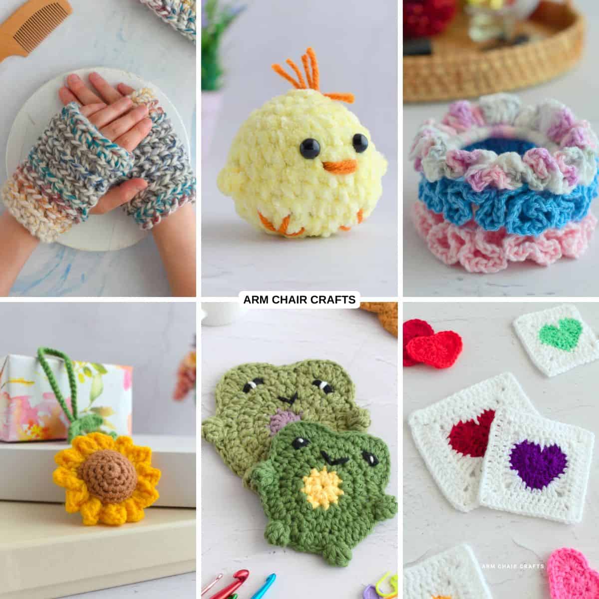 Collage of quick crochet projects.