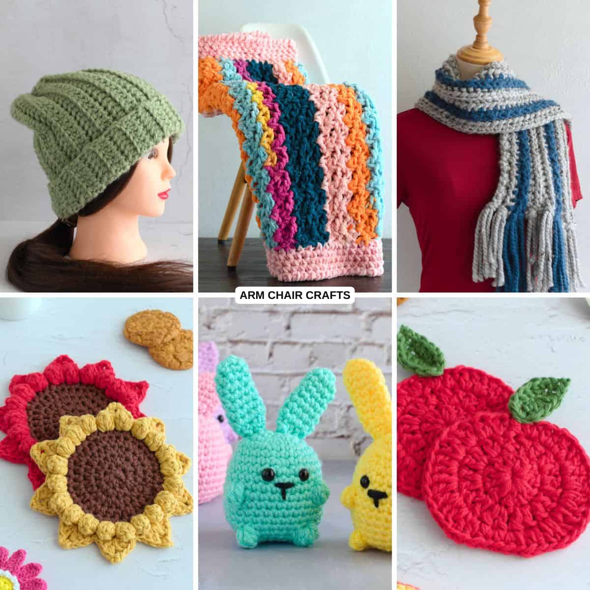 Collage of crochet projects.
