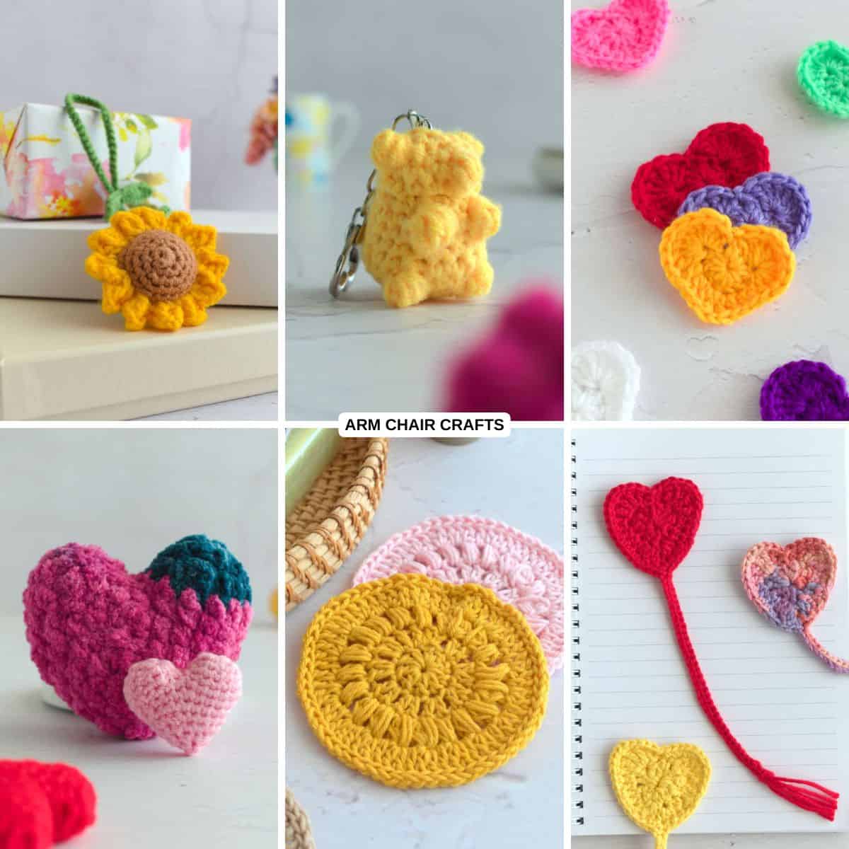 Collage of small crochet projects.