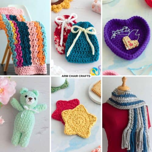 Collage of crochet projects.
