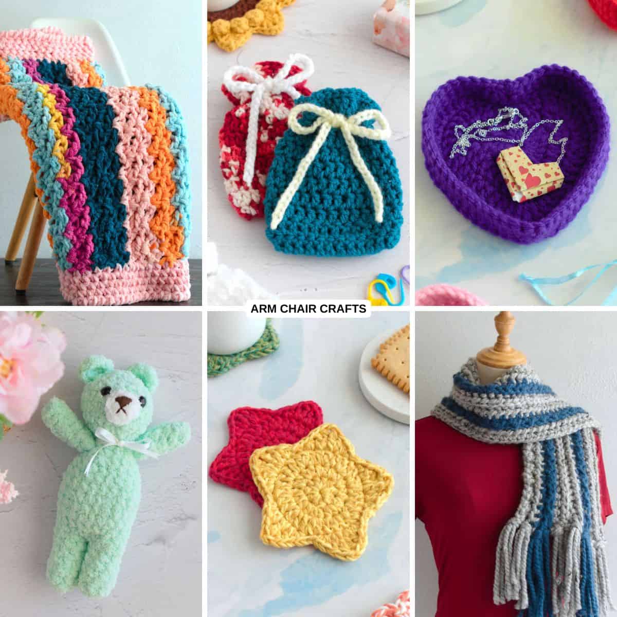 Collage of crochet projects.