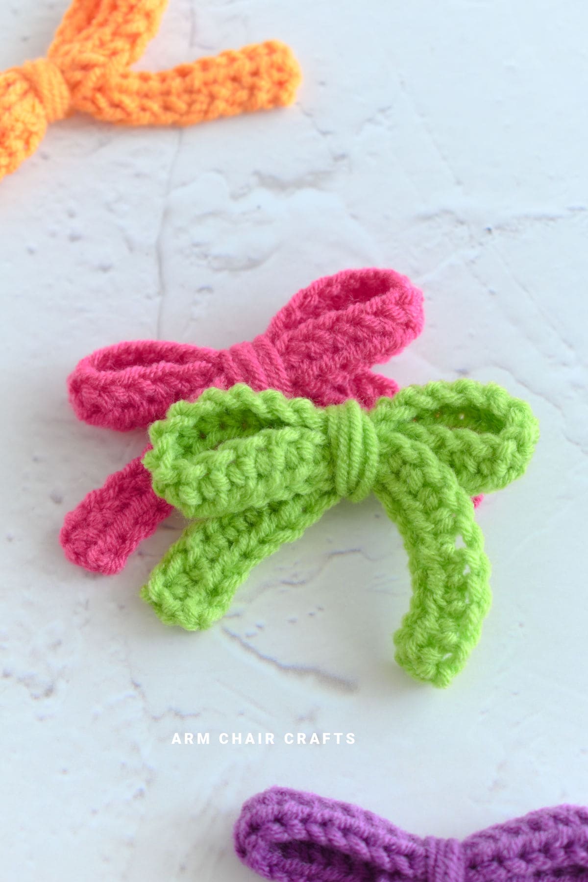 Close up image of crochet bows.
