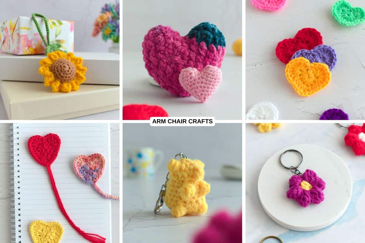 Collage of scrap yarn crochet projects.