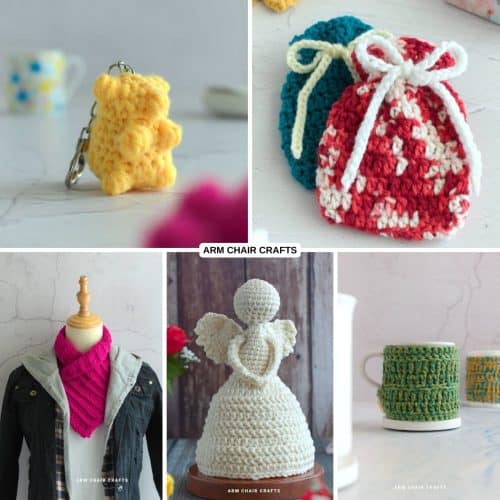 Collage of crochet gifts.