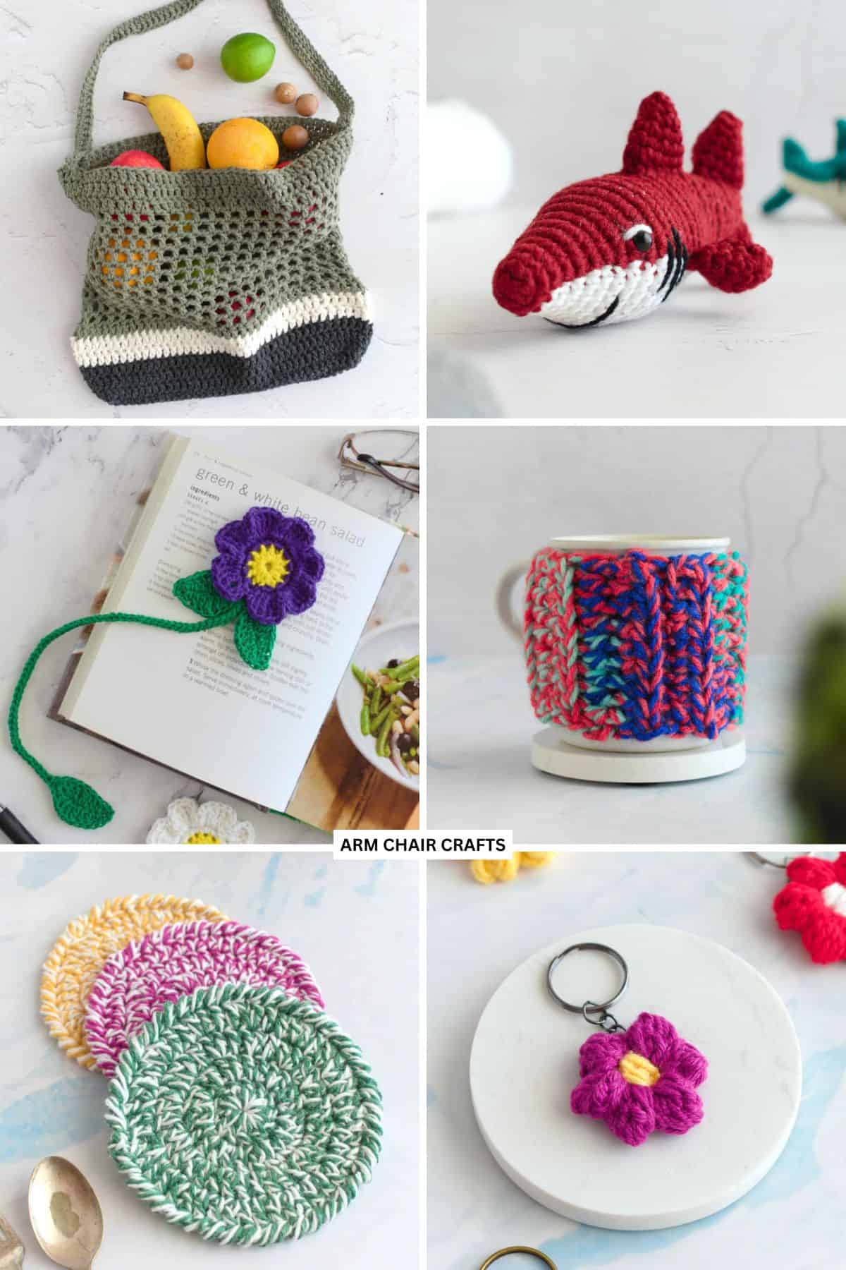 Collage of crochet projects.