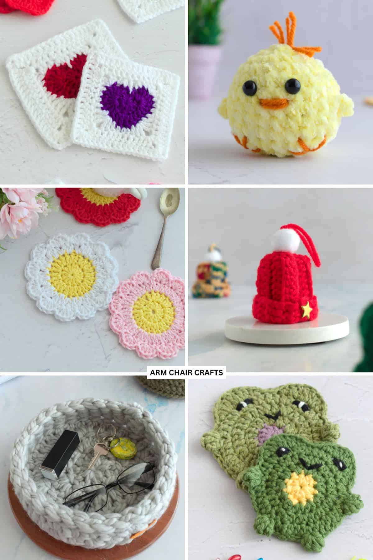 Collage of crochet projects.