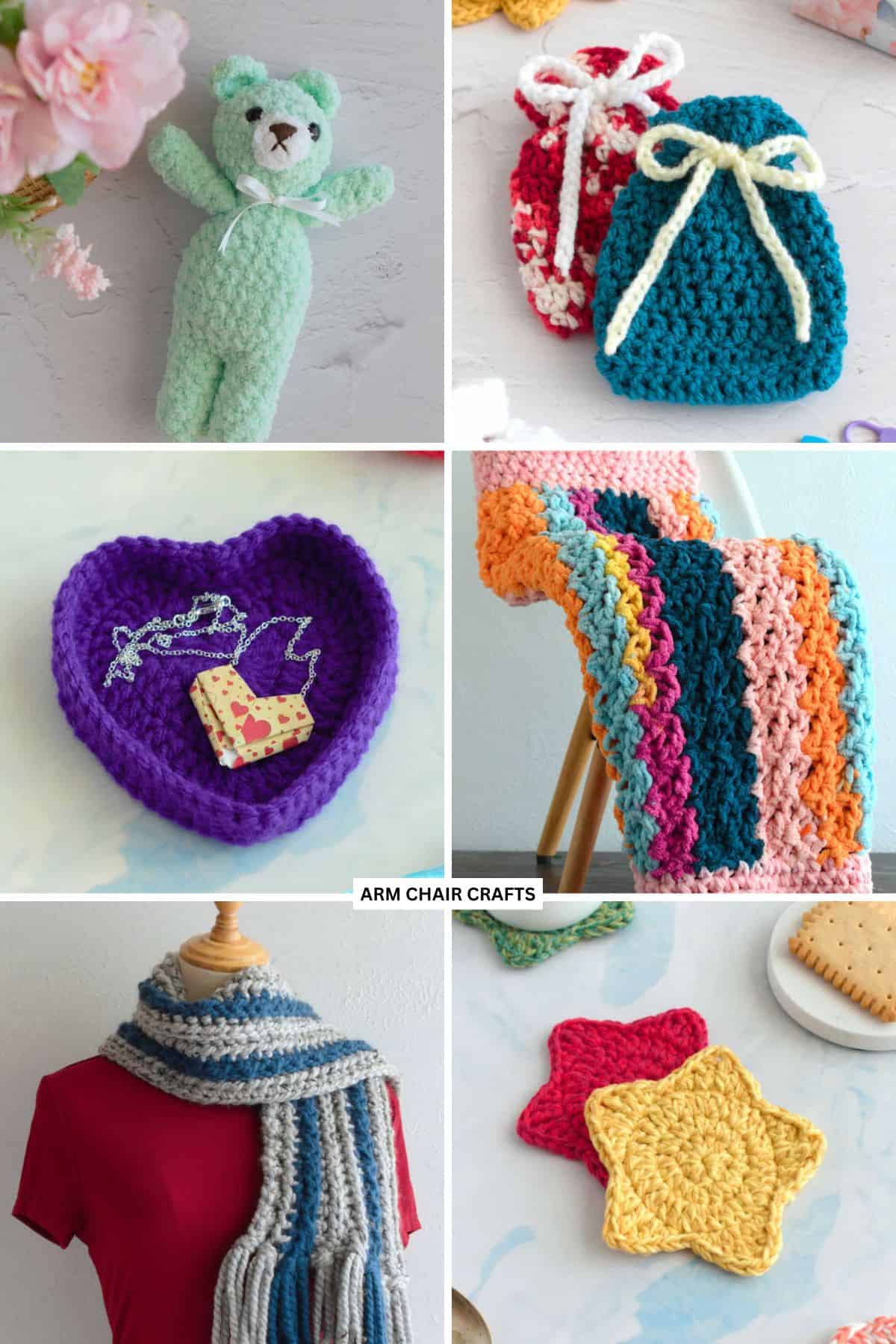 Collage of crochet gifts.