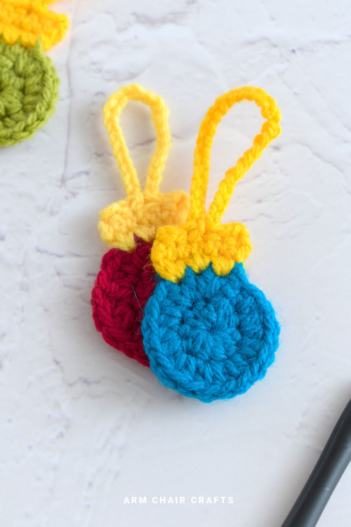 Close up image of crochet baubles.