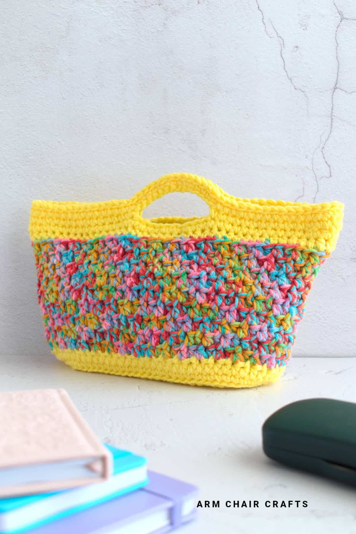 Close up image of a crochet bag.
