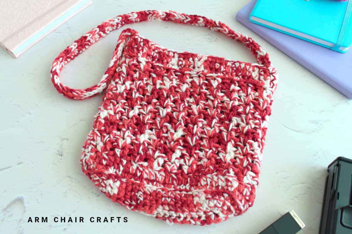 Close up image of a crochet bag.