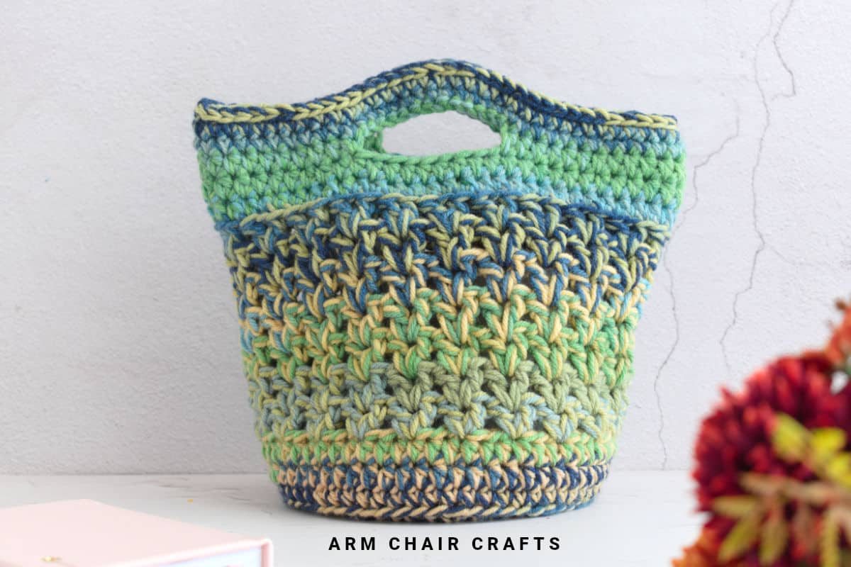 Close up image of a crochet bag.