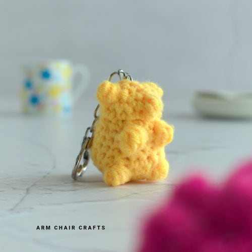 Close up image of a crochet gummy bear.