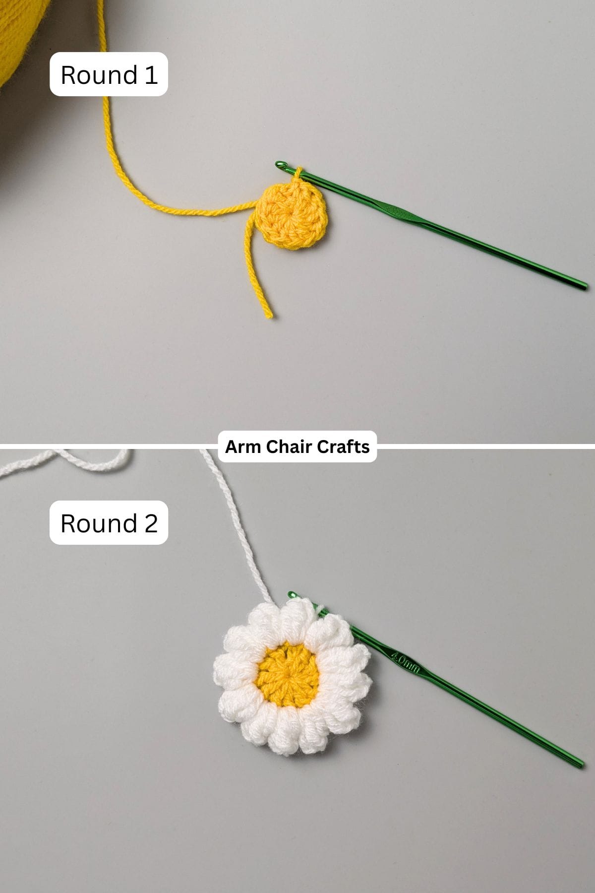 Rounds 1 to 2 for making a daisy granny square.