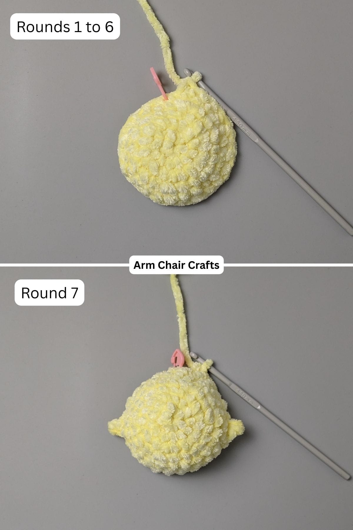 Rounds 1 to 7 for making a chubby amigurumi chicken.