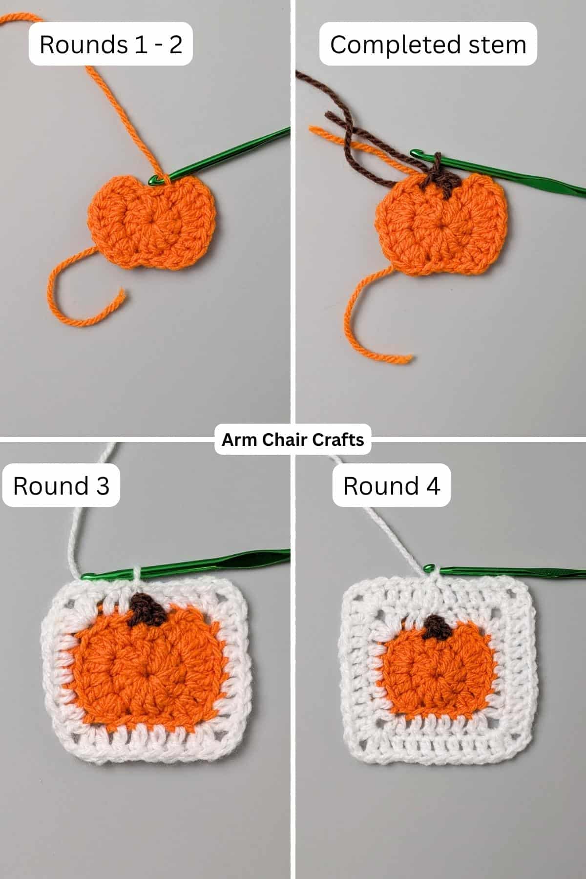 Process of making a pumpkin granny square.