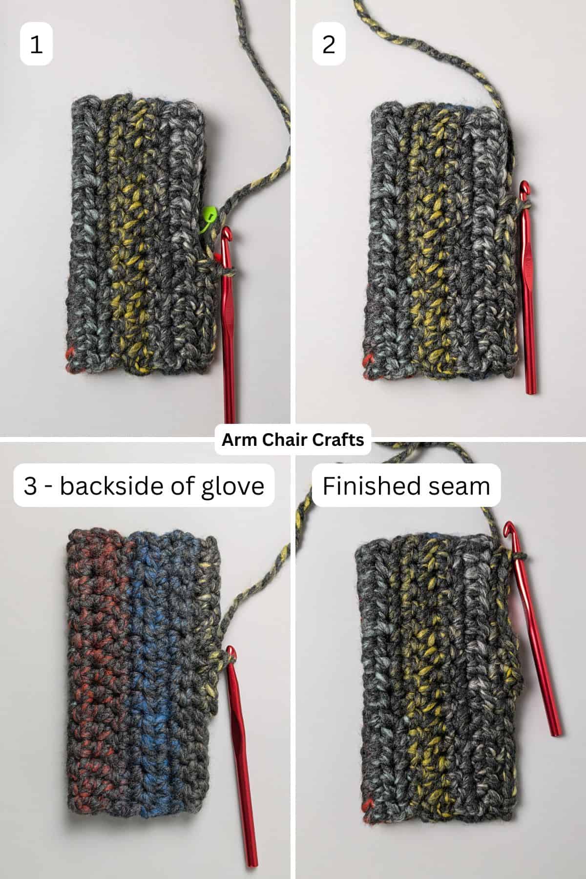 Seaming crochet fingerless gloves.