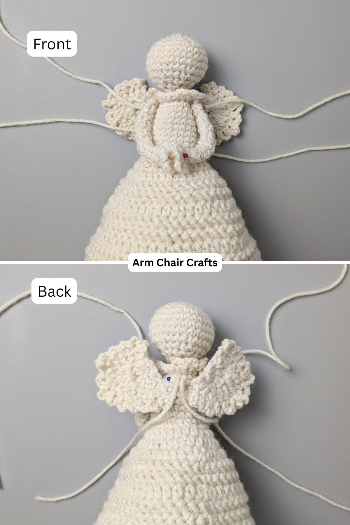 Assembling the crochet angel.