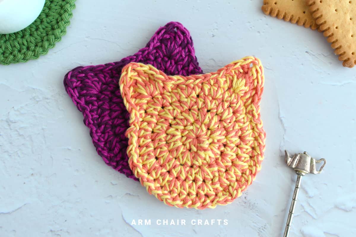 Close up image of crochet coasters.