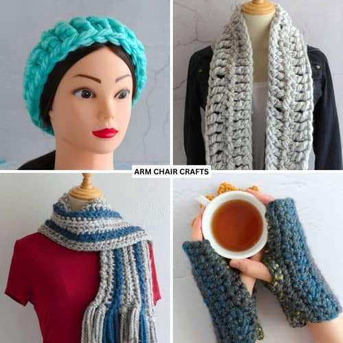 Collage of crochet wearables.