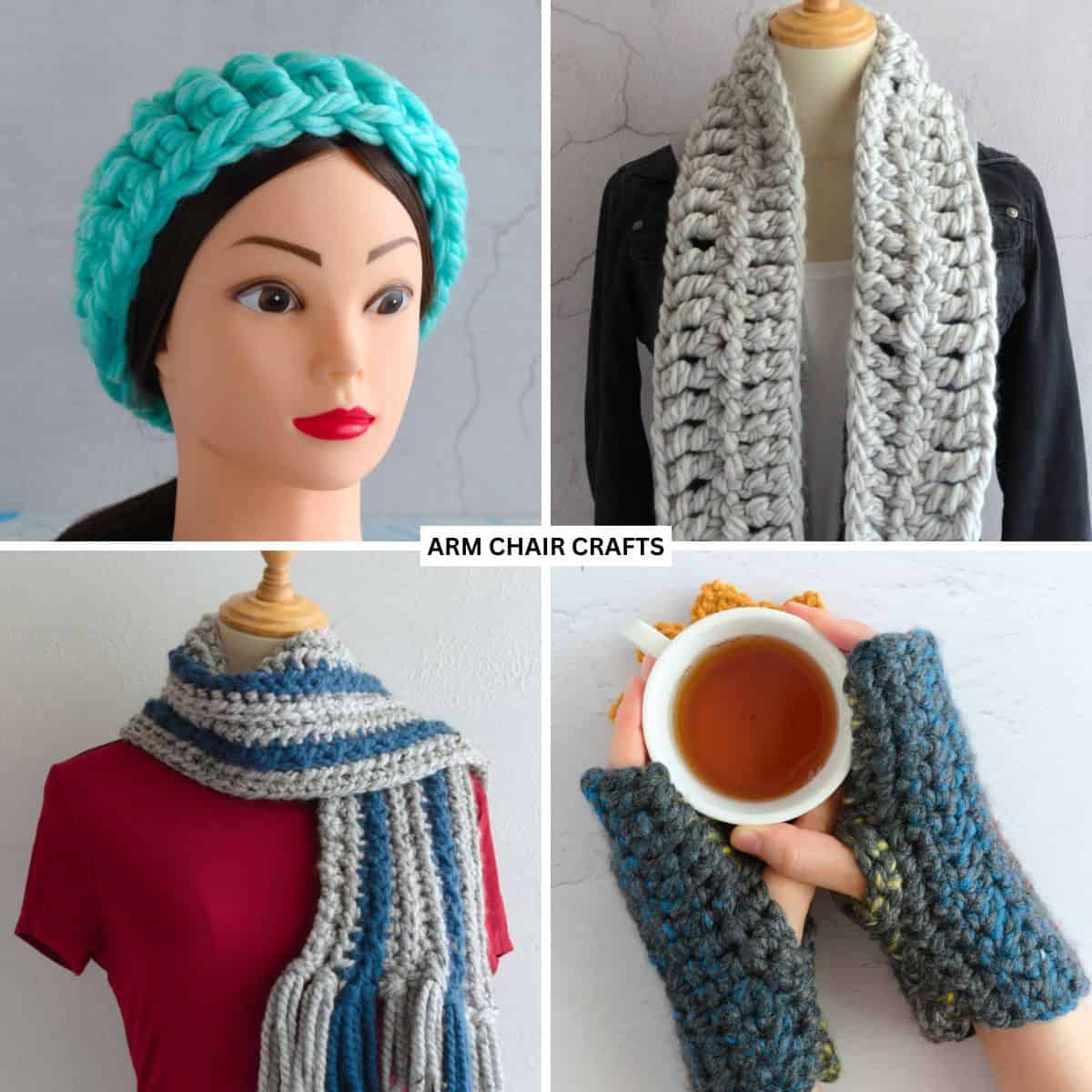 Collage of crochet wearables.