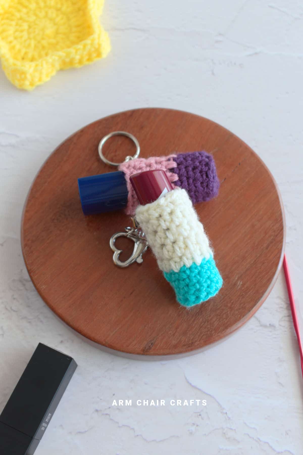 Crochet lip balm holders.