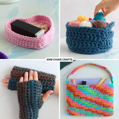 Collage of beginner crochet projects.