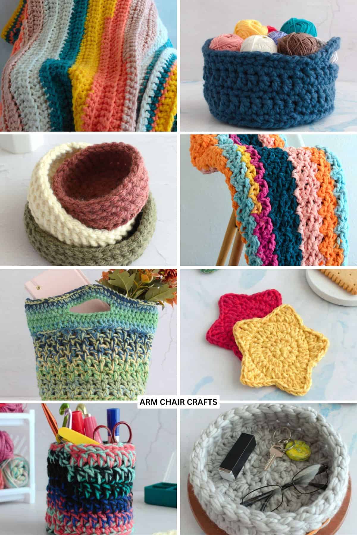 Collage of crochet projects for home decor.