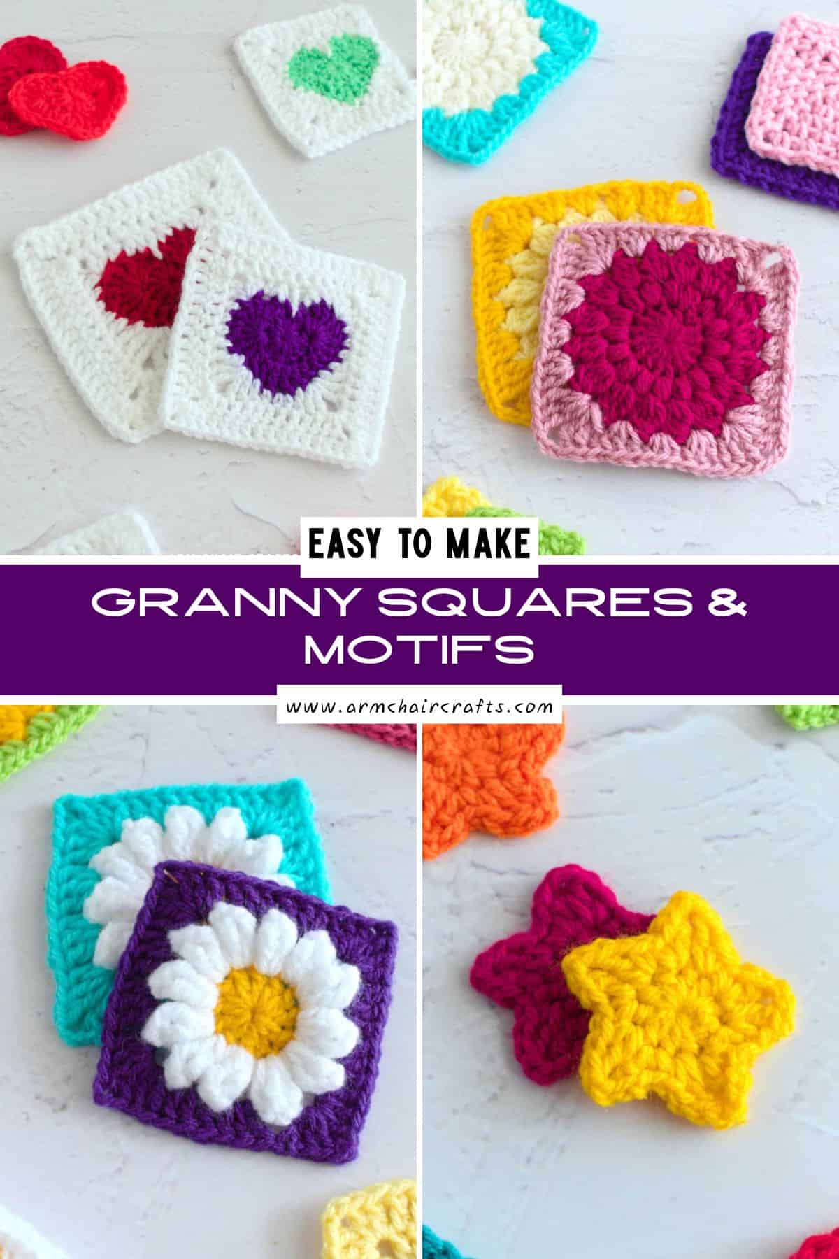 Collage of crochet projects for motifs and granny squares,