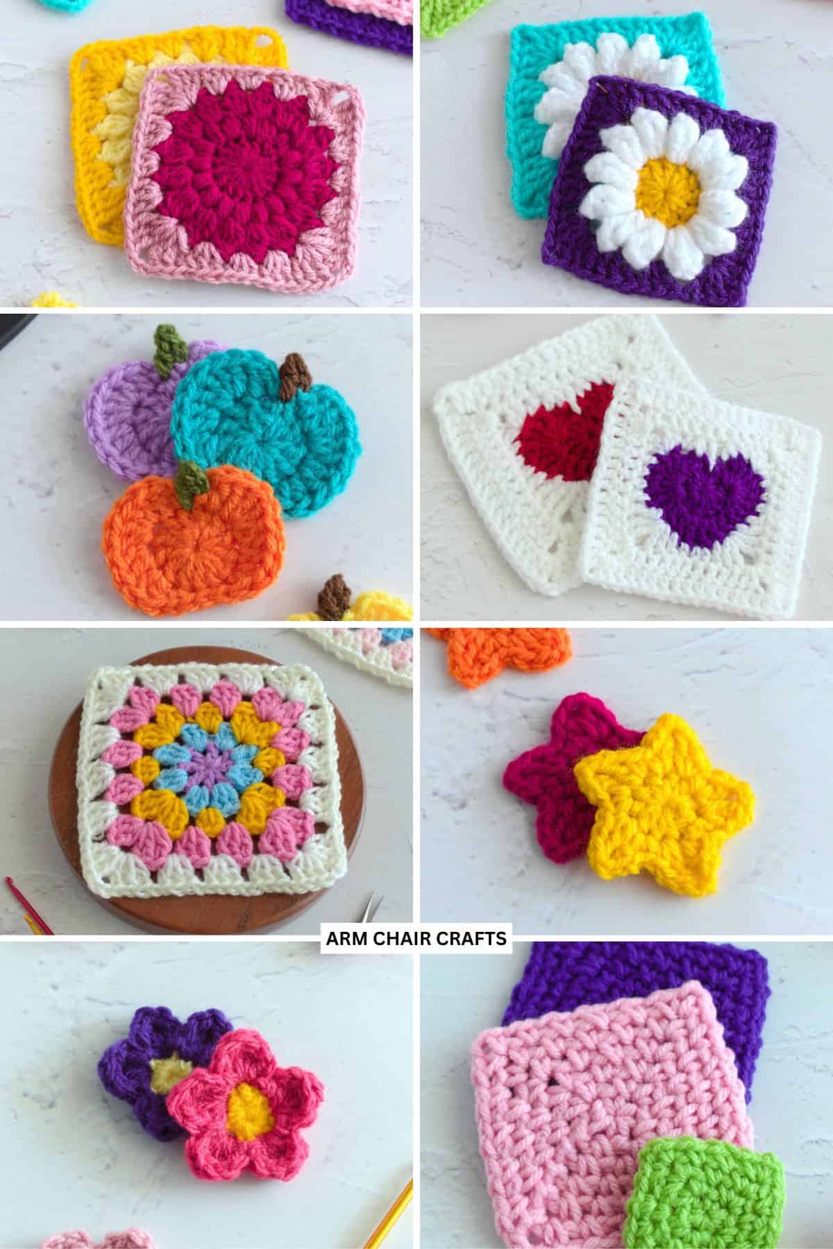 Collage of crochet motifs and granny squares.