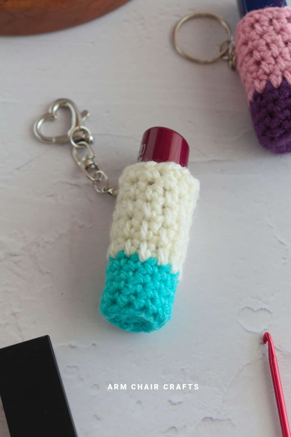 Blue and white crochet lip balm holder.