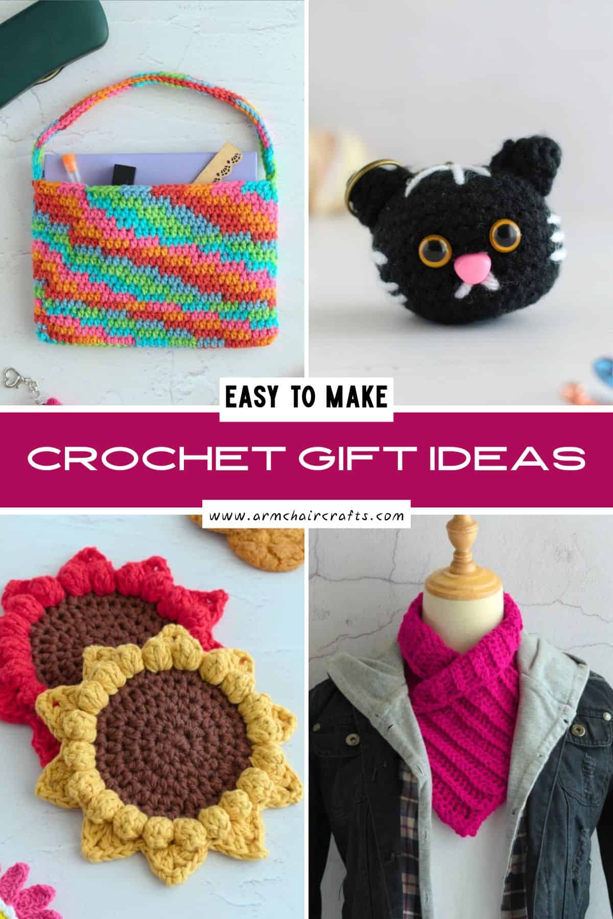Collage of crochet gift ideas.