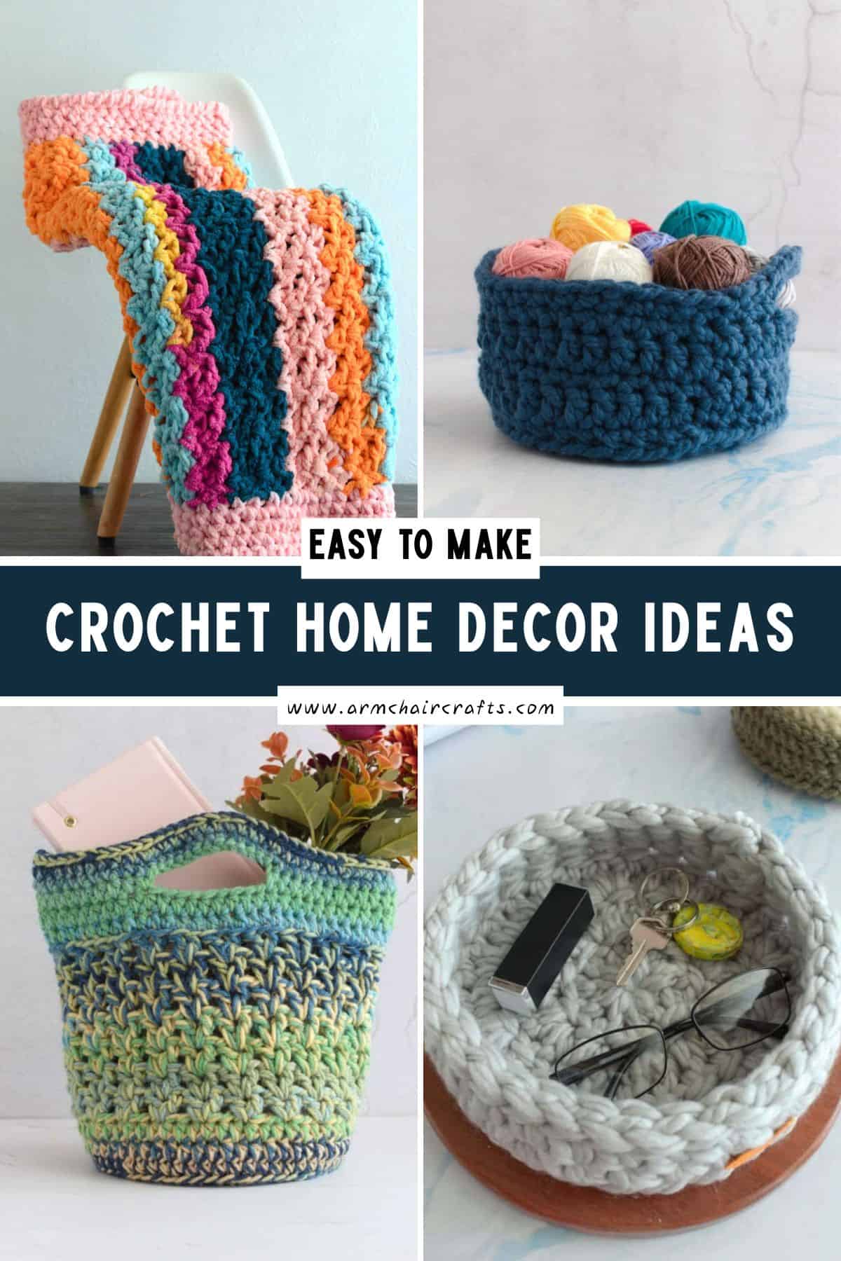 Collage of crochet home decor ideas.