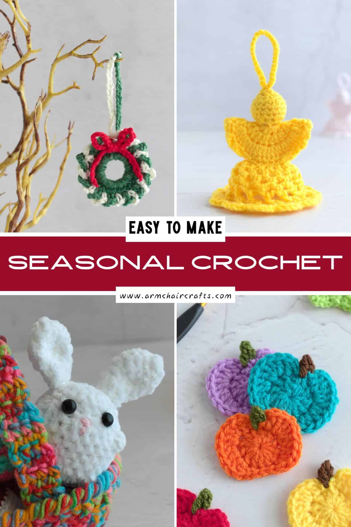 Collage of seasonal crochet projects.