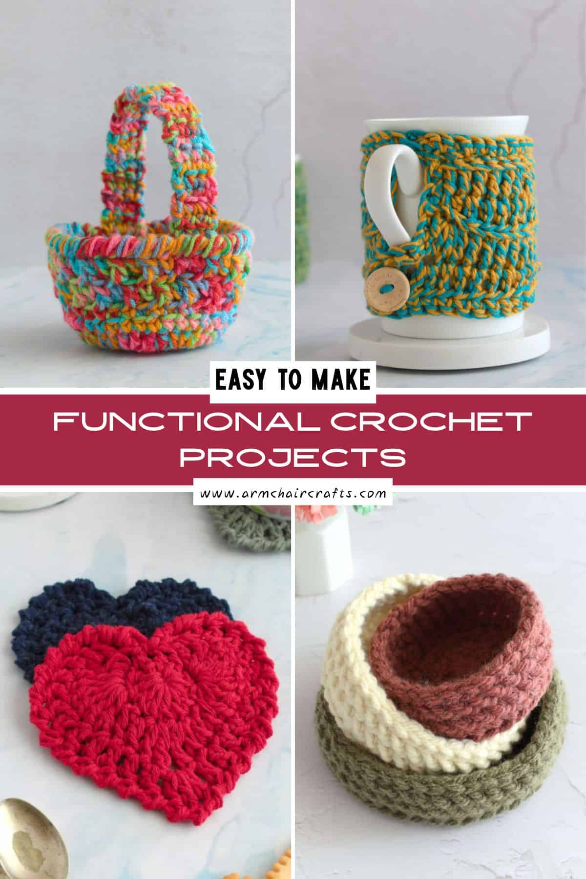 Collage of small crochet projects.