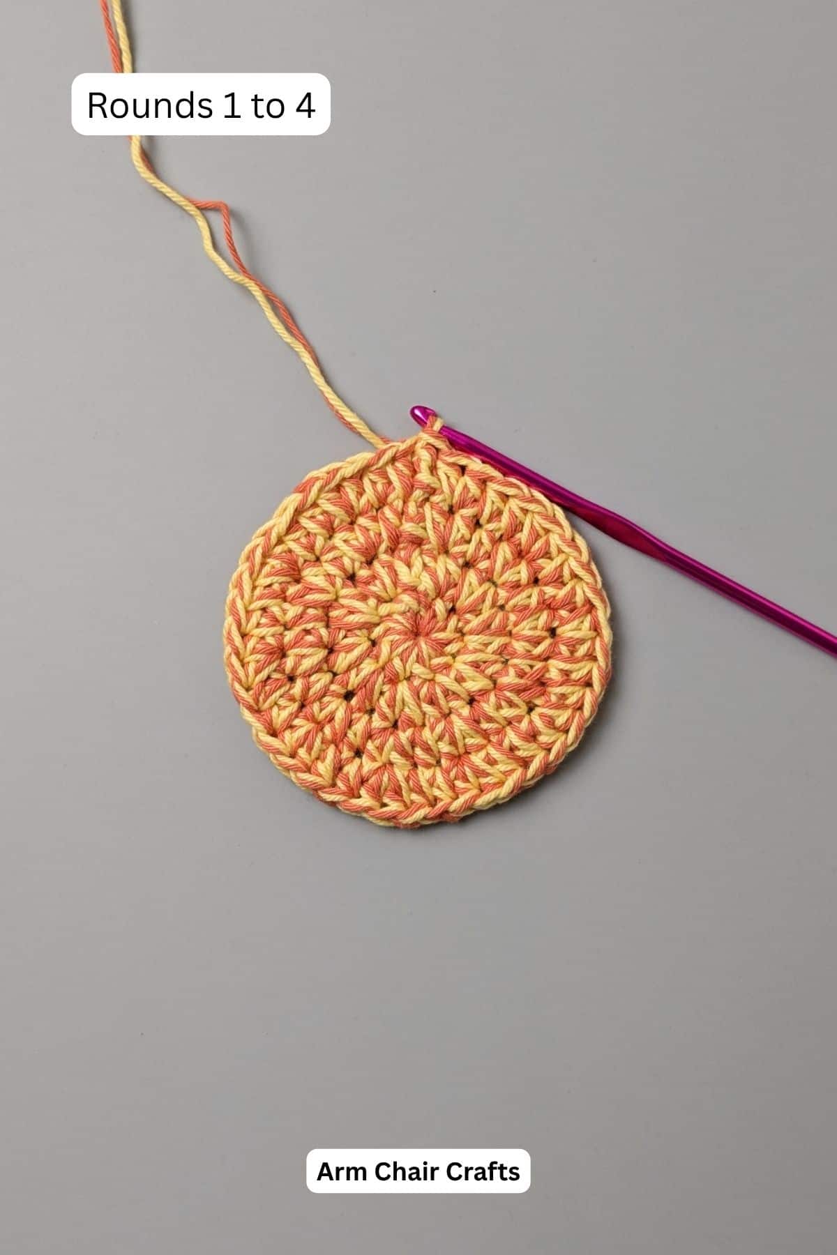 Process of making a crochet cat coaster.