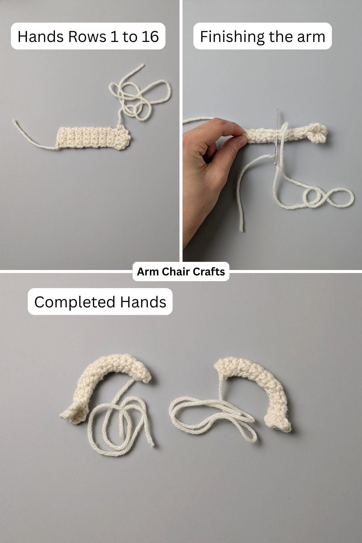Making the hands for a crochet angel.