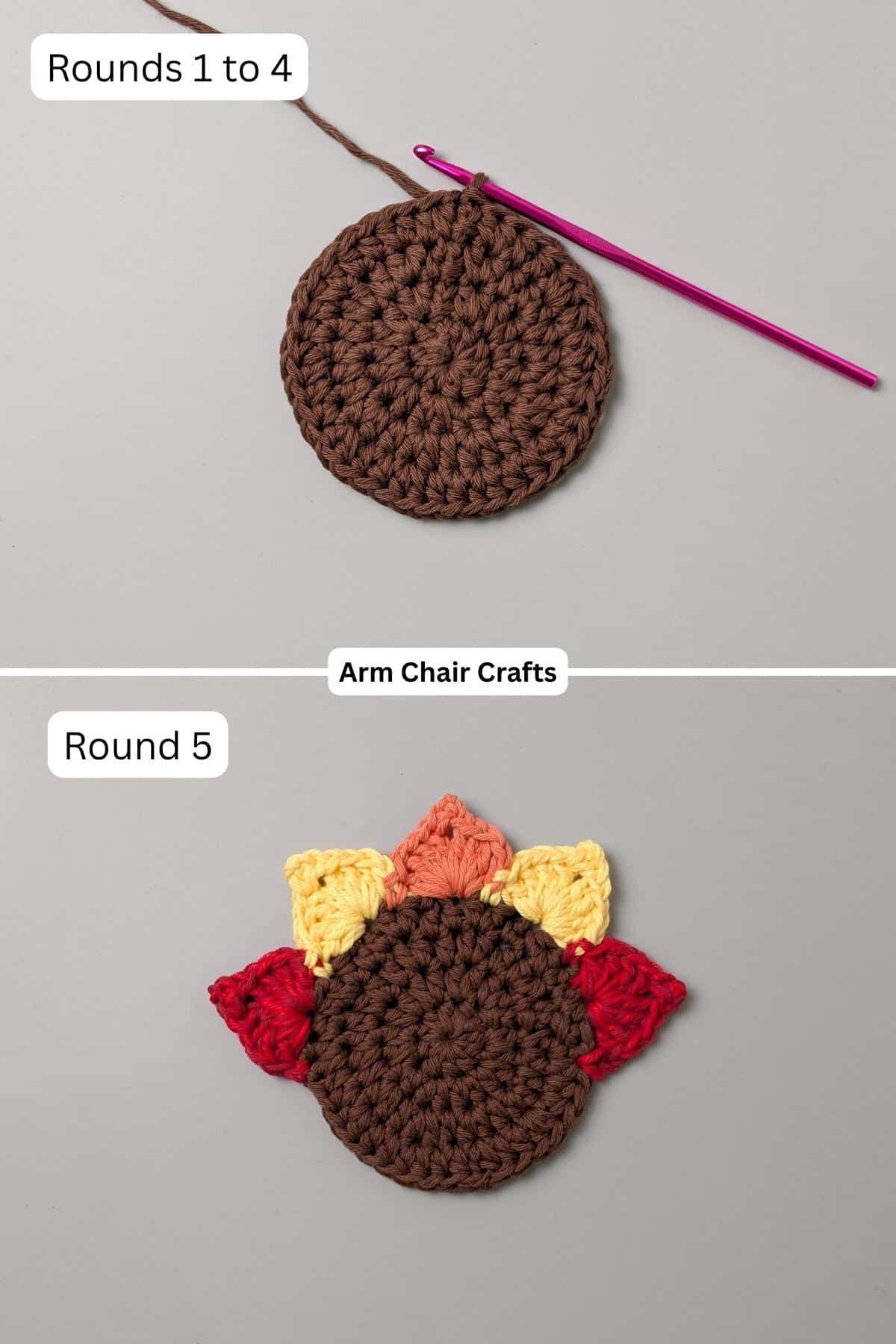 Process of making a crochet turkey coaster.
