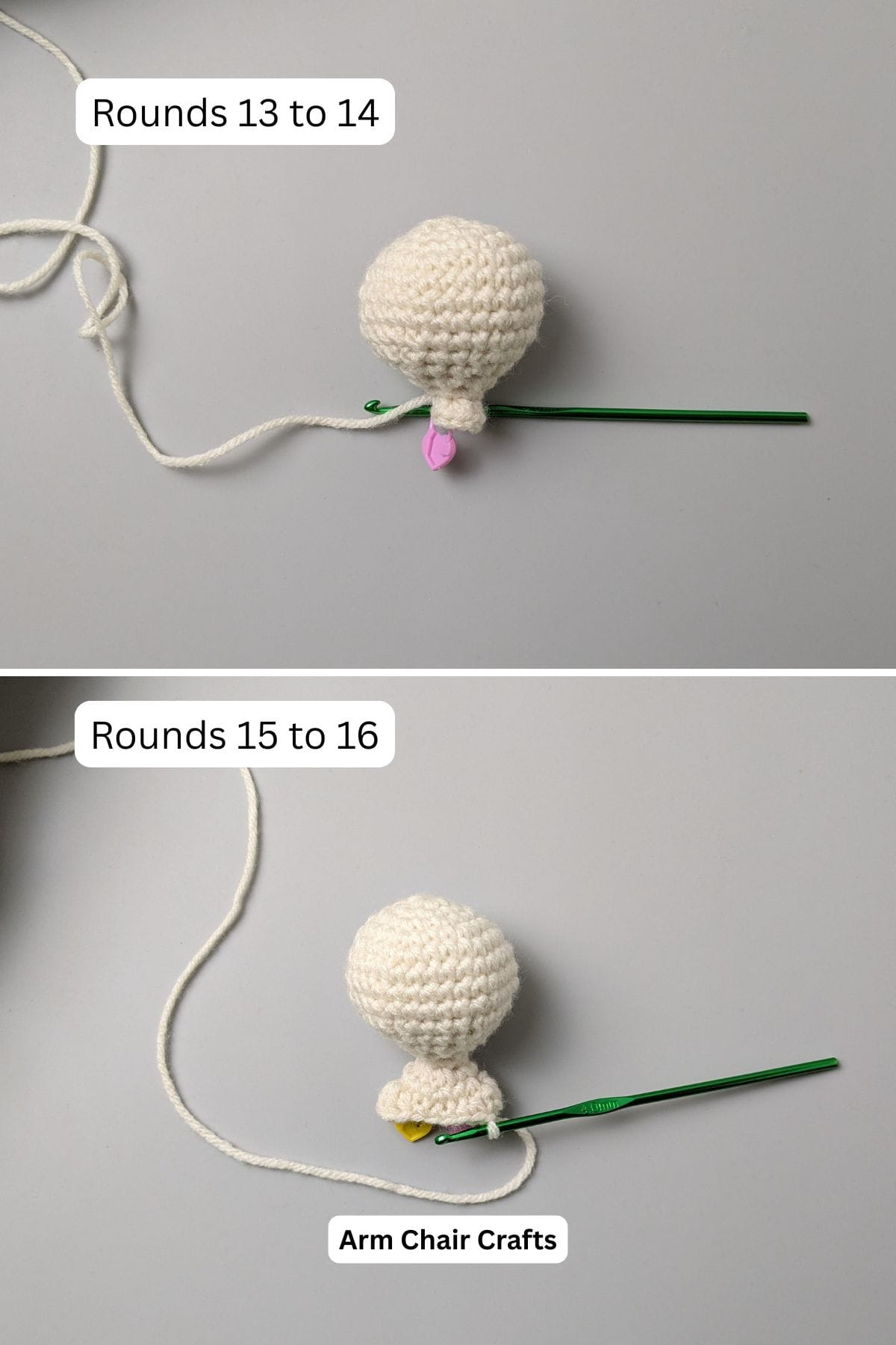 Rounds 13 to 16 for making a crochet angel.