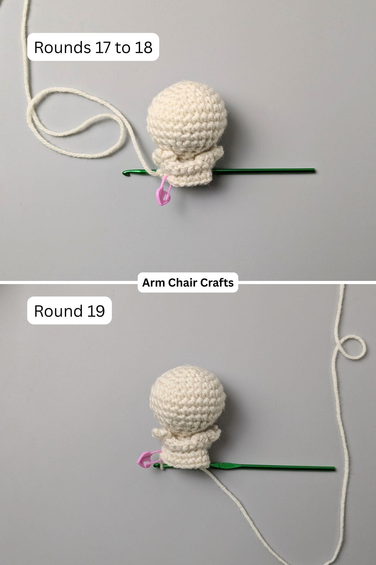 Rounds 17 to 19 for making a crochet angel.