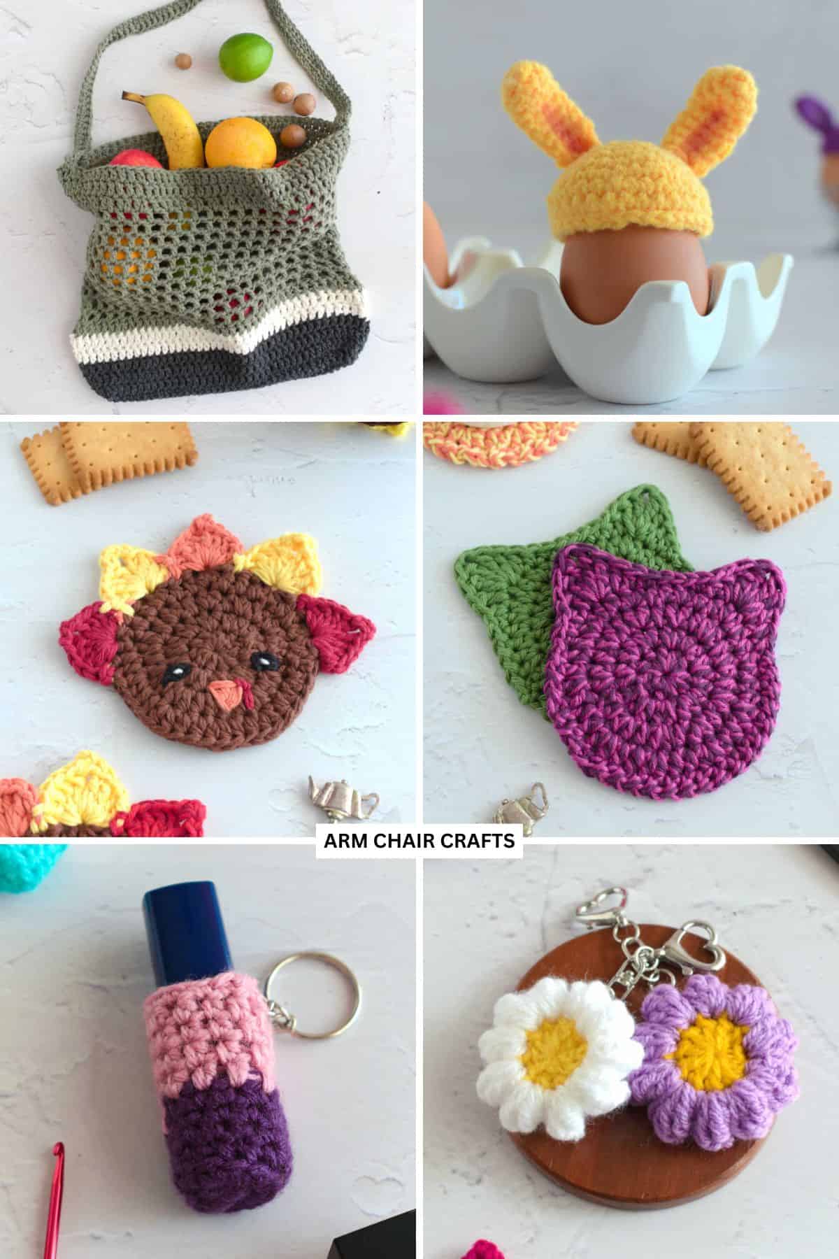 Collage of various crochet projects.