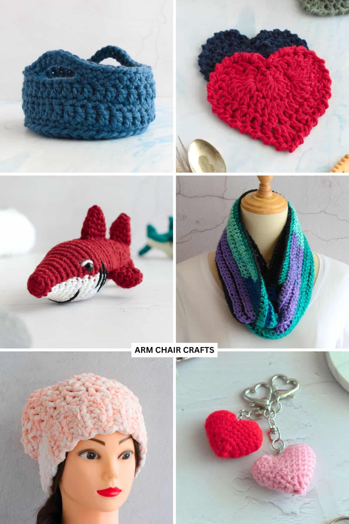 Collage of a crochet basket, heart coaster, shark, scarf, beanie, and heart keychain.