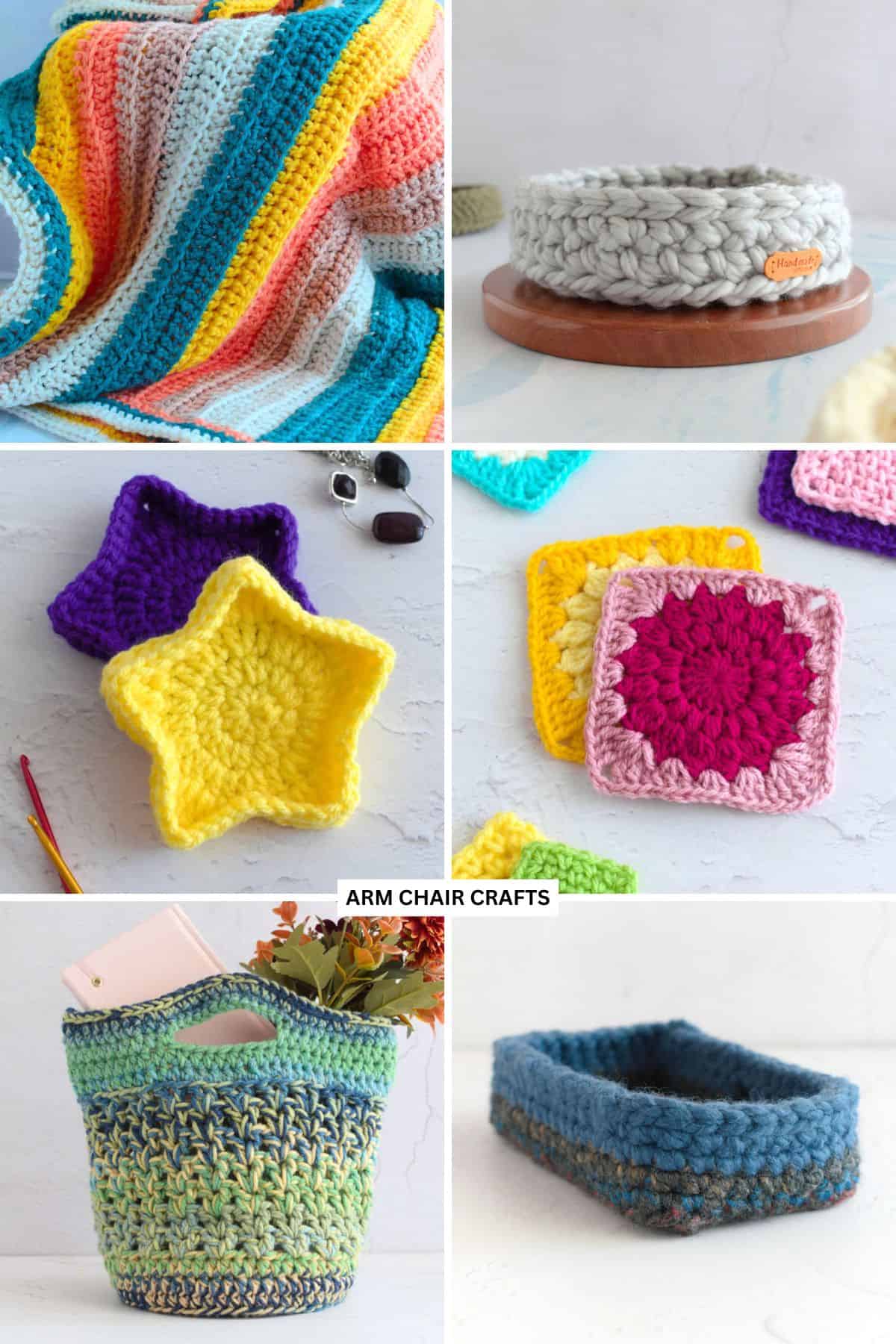 Crochet blanket, basket, star trinket box, granny squares, bag, and basket.