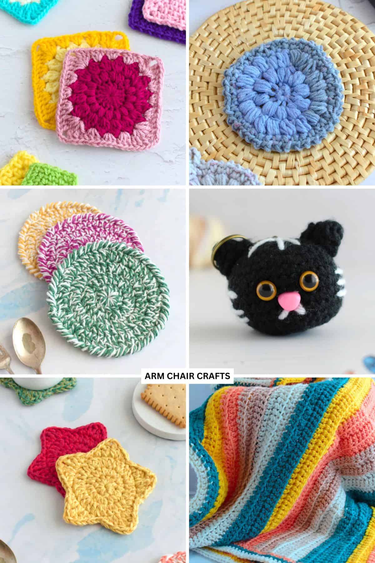 Collage of various crochet projects.