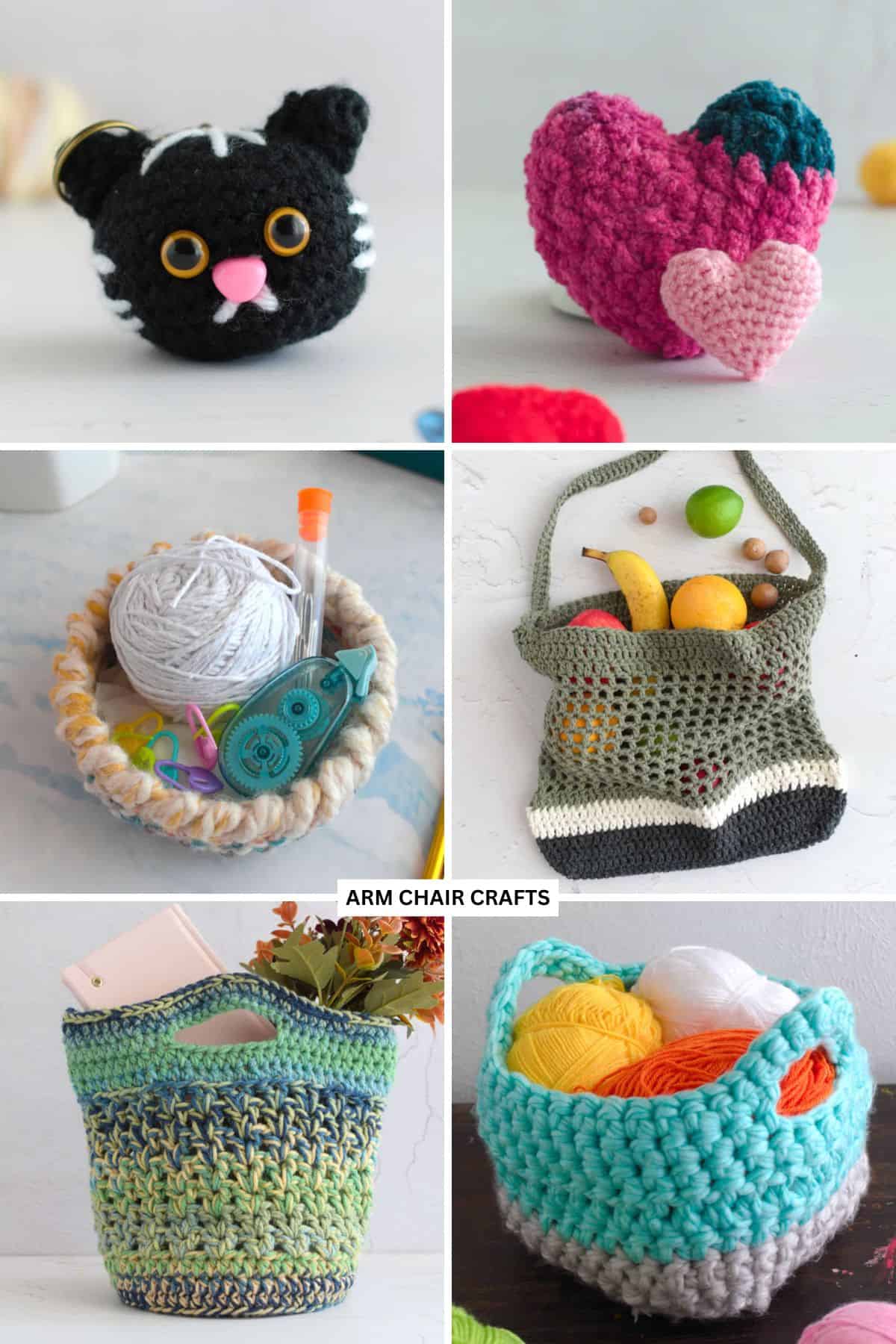 Collage of 6 crochet projects.