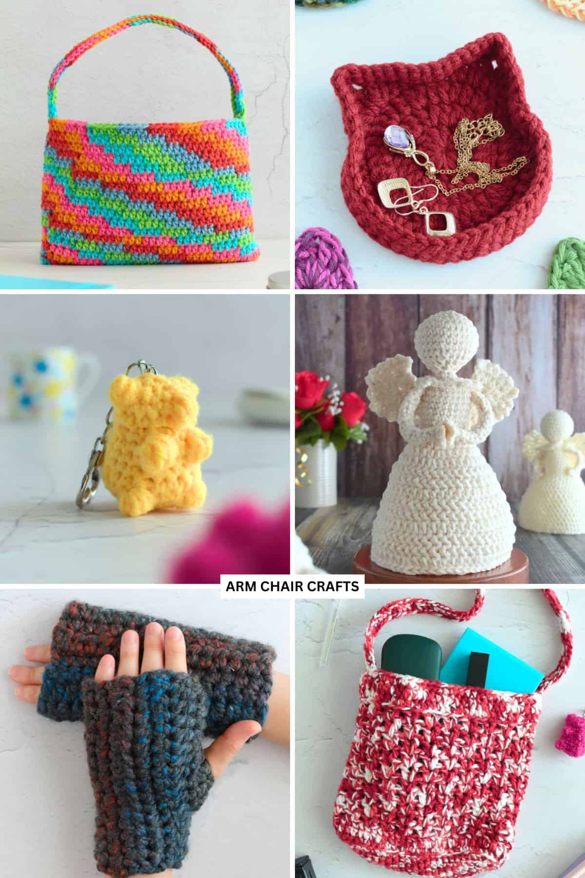 Collage of 6 crochet projects.