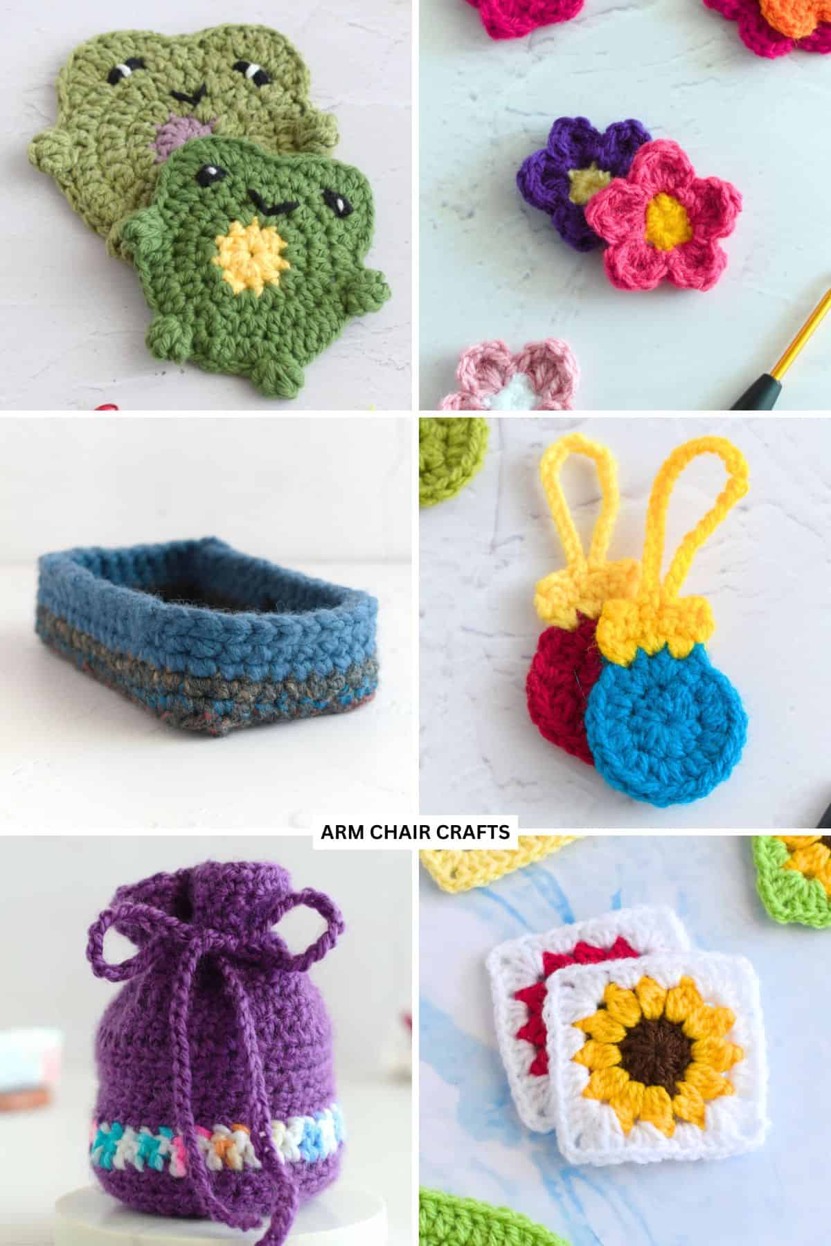 Collage of finished crochet projects.