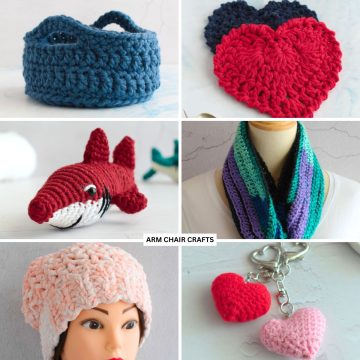 Collage of finished crochet projects.
