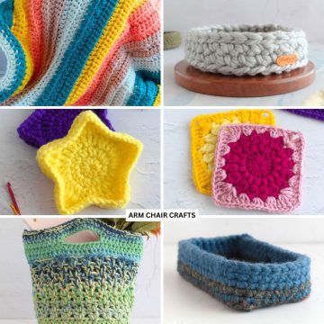 Collage of crochet projects.